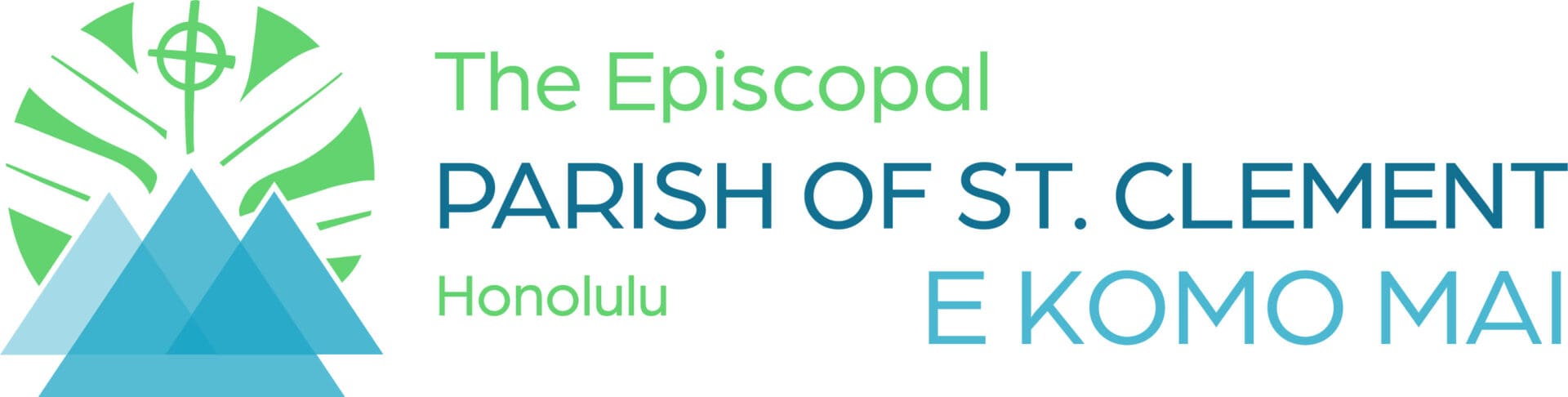 A blue and green banner with the words episcopal parish of st. Louis in english